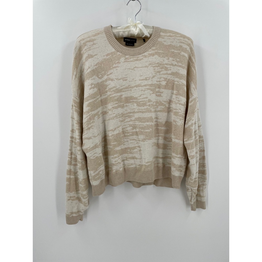 prAna Organic Cotton TENCEL Sweater XL Cream Beige Abstract Crewneck‎ Oversized